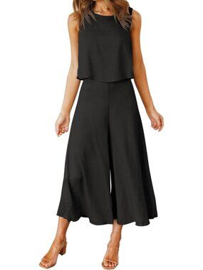 Women's Summer 2 Piece Black Round Neck Crop Top Cropped Wide Leg Jumpsuit
